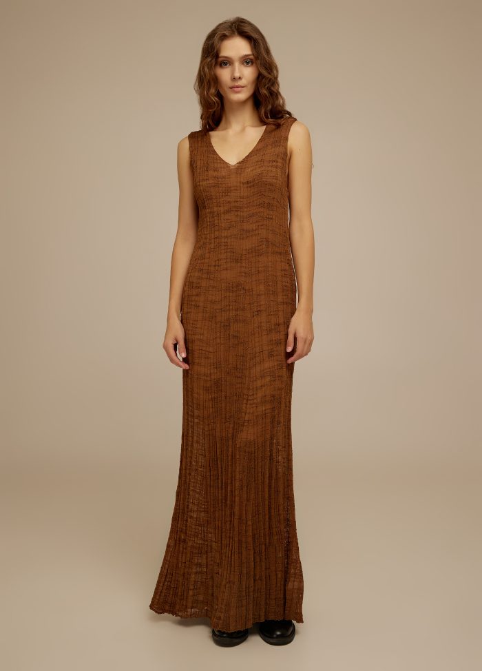 DRESS BROWN Long summer knitted sleeveless with V-neck 4071