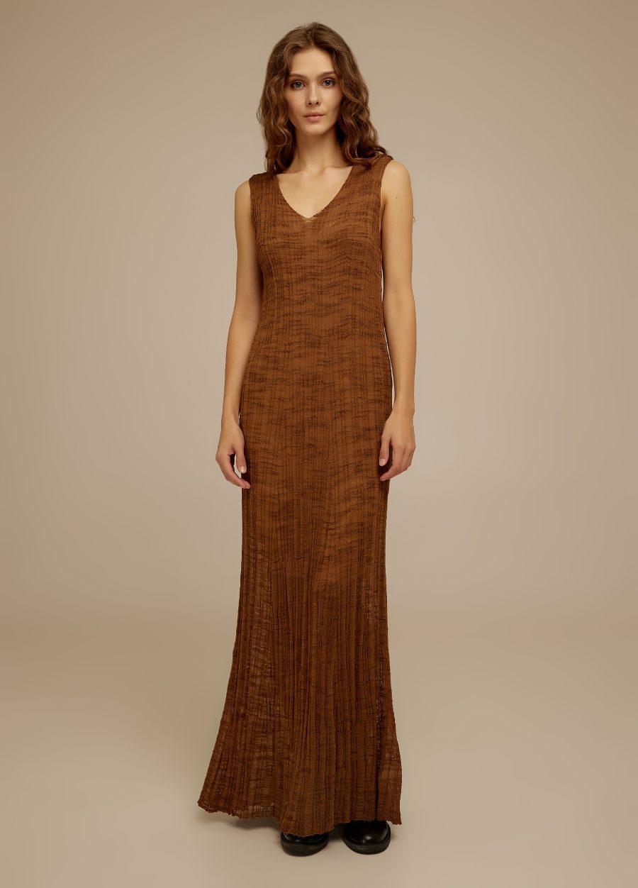 DRESS BROWN Long summer knitted sleeveless with V-neck 4071-Collections_Dresses_1