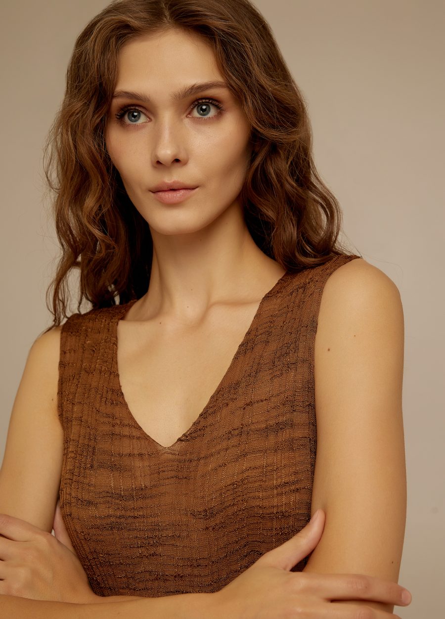 DRESS BROWN Long summer knitted sleeveless with V-neck 4071-Collections_Dresses_2