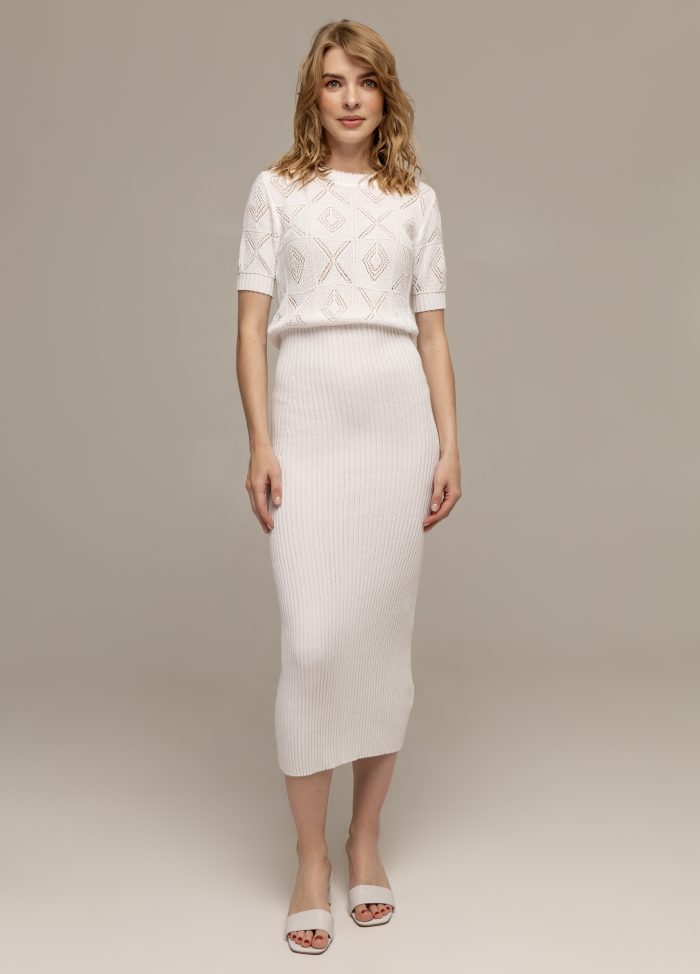 DRESS WHITE knitted made of cotton with an openwork top and a ribbed skirt 3039
