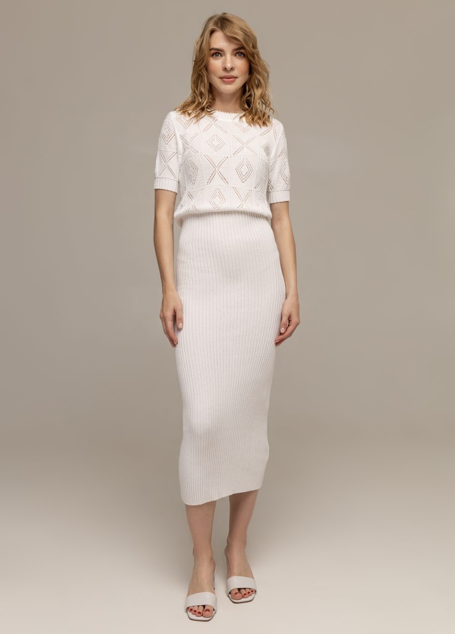 DRESS WHITE knitted made of cotton with an openwork top and a ribbed skirt 3039-Collections_Dresses_1