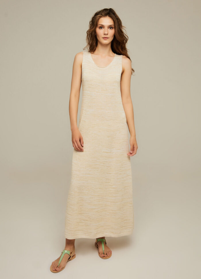 DRESS BEIGE knitted of cotton and viscose A silhouette sleeveless summer long 4066