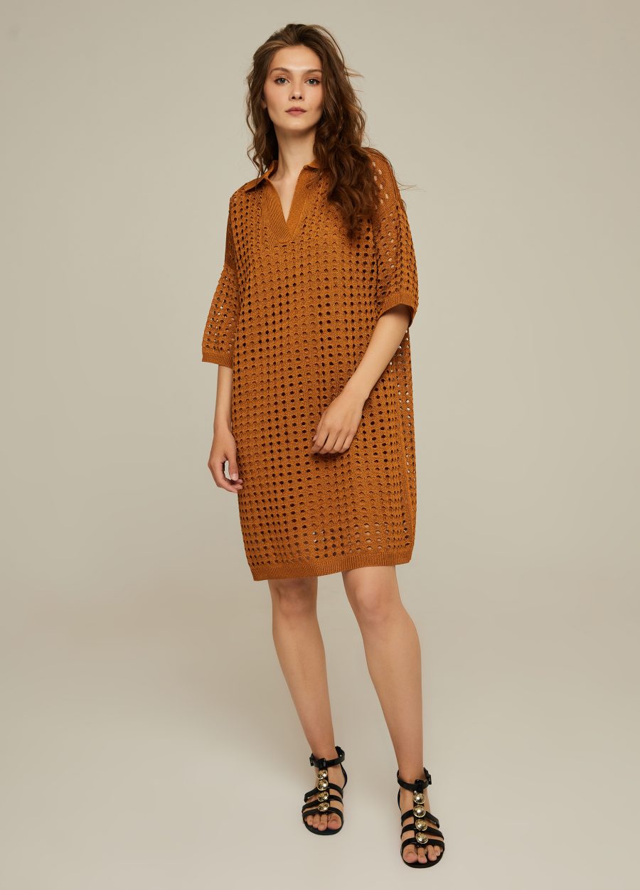 DRESS CARAMEL stylish knitted openwork short mesh with polo collar for summer 4069-Collections_Dresses_4