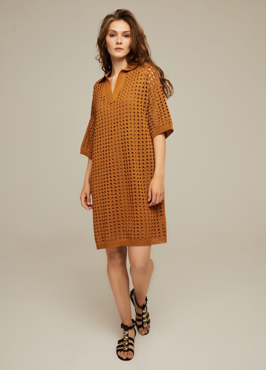 DRESS CARAMEL stylish knitted openwork short mesh with polo collar for summer 4069-Collections_Dresses_5