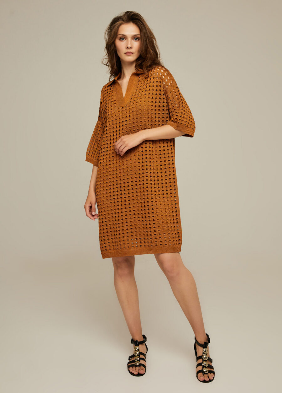 DRESS CARAMEL stylish knitted openwork short mesh with polo collar for summer 4069-Collections_Dresses_3