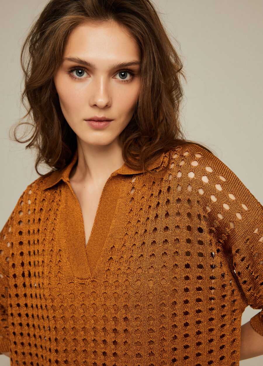 DRESS CARAMEL stylish knitted openwork short mesh with polo collar for summer 4069-Collections_Dresses_2