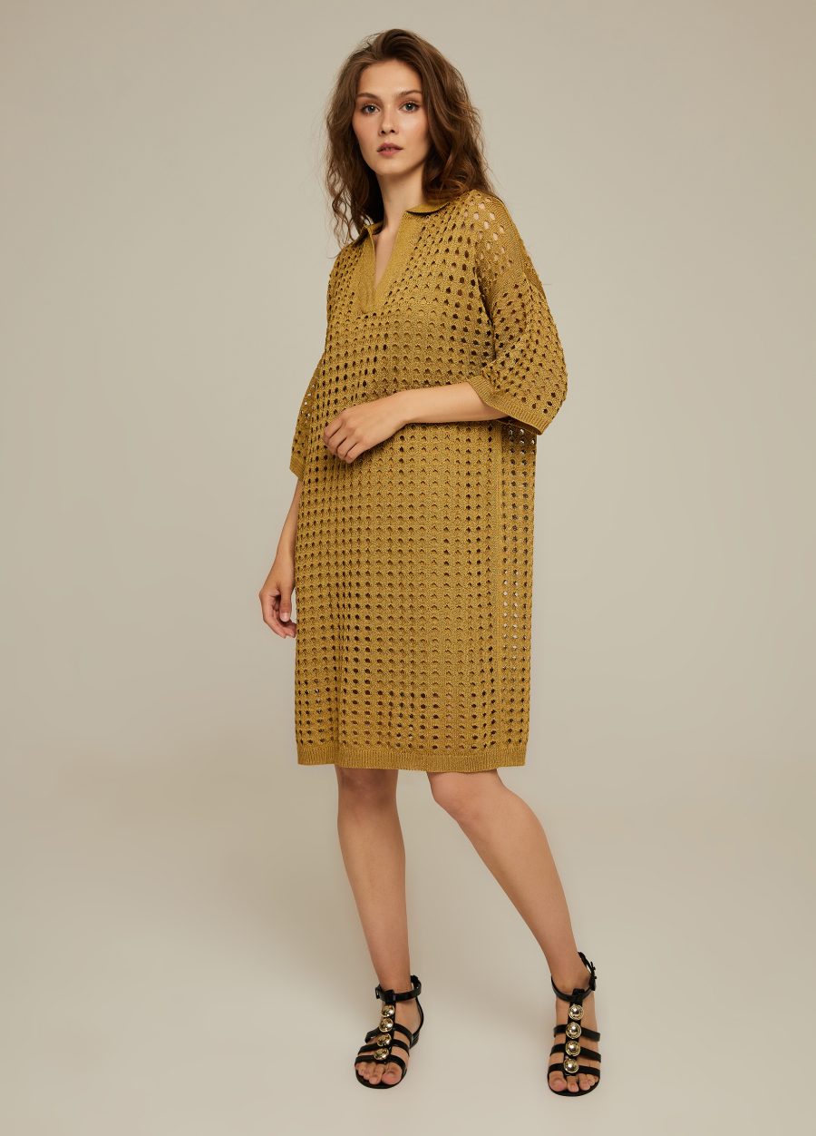 DRESS GOLD stylish knitted openwork short mesh with polo collar for summer 4069-Collections_Dresses_1