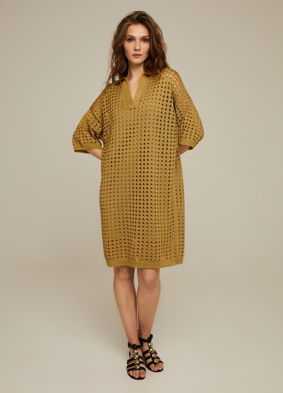 DRESS GOLD stylish knitted openwork short mesh with polo collar for summer 4069-Collections_Dresses_3