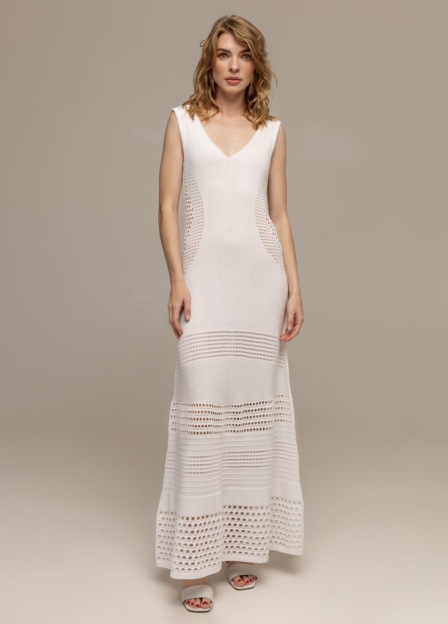 DRESS WHITE long summer openwork 100% cotton with V-neck sleeveless 4074-Collections_Dresses_1
