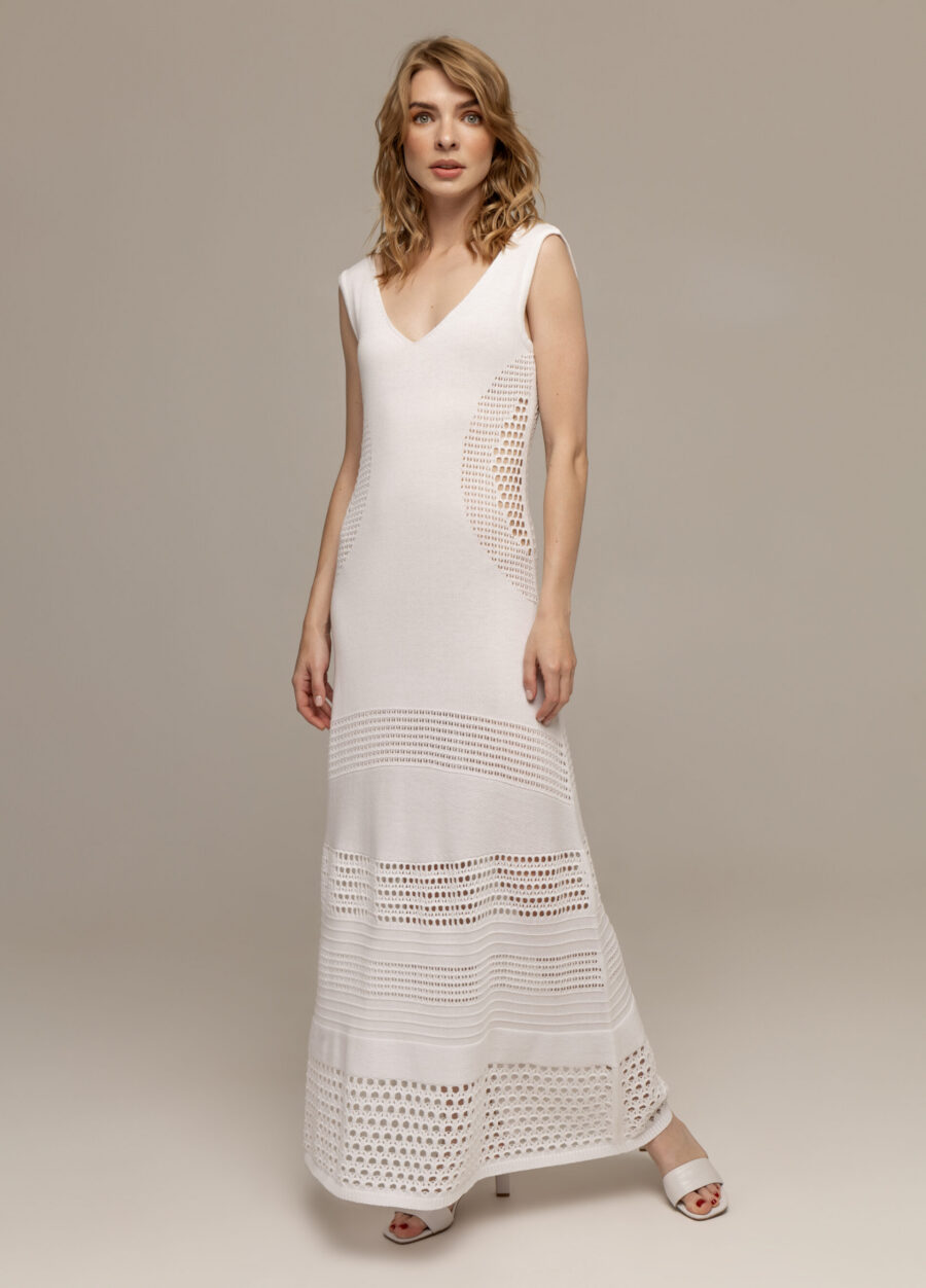 DRESS WHITE long summer openwork 100% cotton with V-neck sleeveless 4074-Collections_Dresses_3