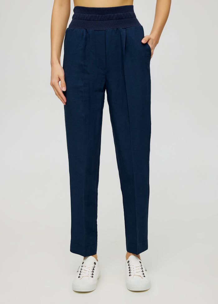 Blue viscose and linen pants with elastic waistband 5014