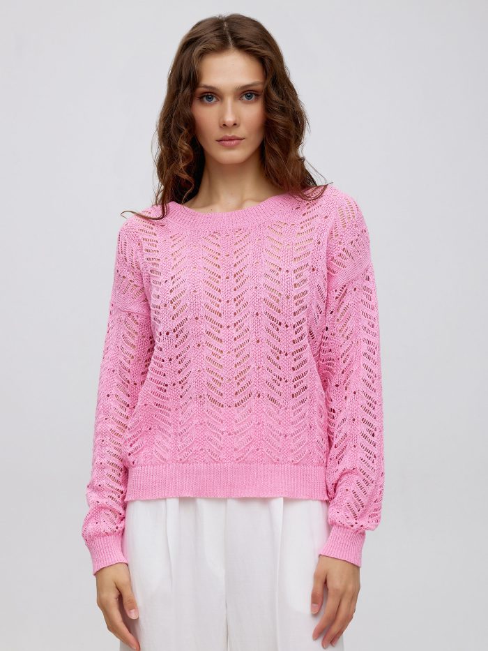 Summer pink openwork jumper made of linen and cotton 5040