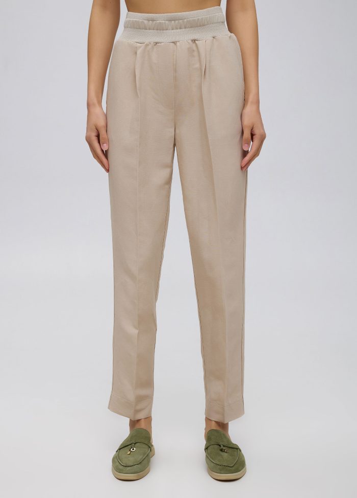 Beige summer trousers made of viscose and linen with an elastic band 5014