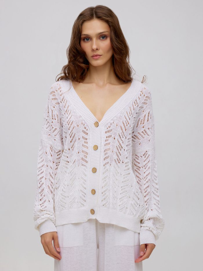 White openwork cardigan made of linen and cotton, summer with buttons 5059