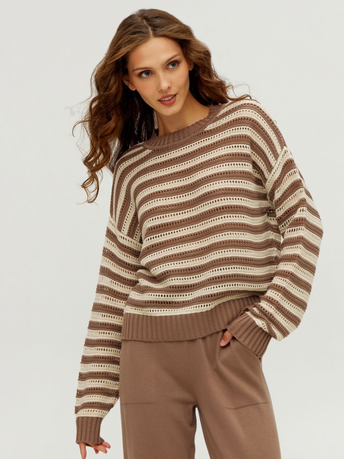 JUMPER STRIPED women's cotton knitted sweatshirt brown and beige 3083