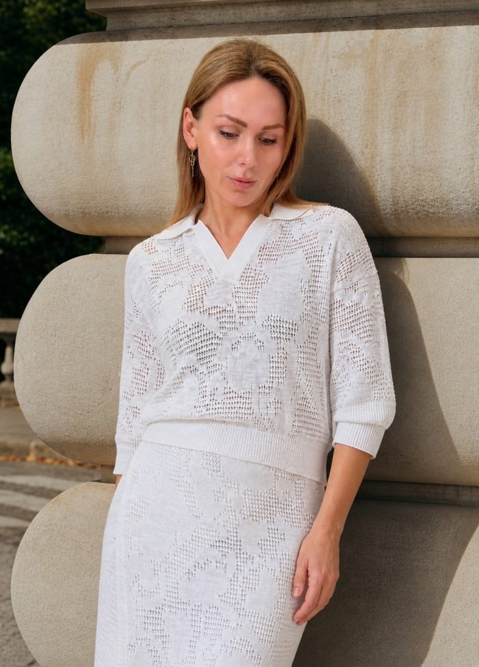 JAMPER White openwork polo shirt with linen 6010