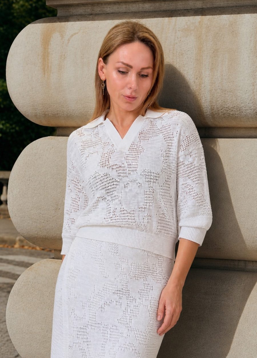 JAMPER White openwork polo shirt with linen 6010-Collections_Ready to Wear_1
