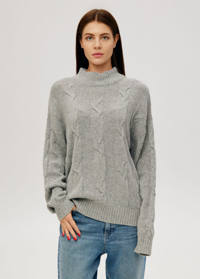 JUMPER GREY women's elongated high neck cable knit 4135