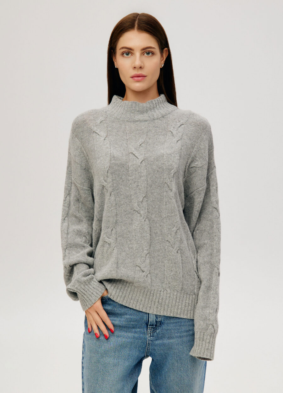 JUMPER GREY women's elongated high neck cable knit 4135-Collections_Fall-Winter_1