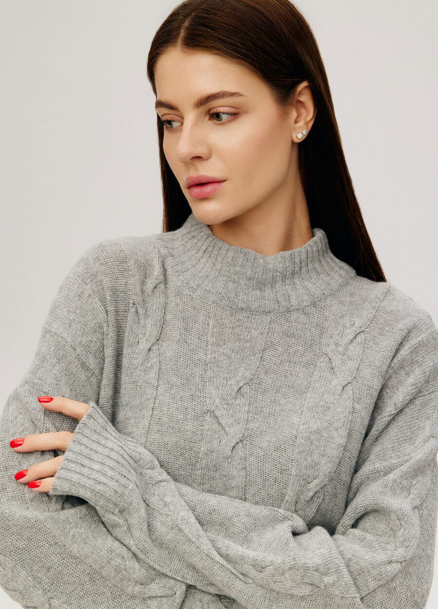 JUMPER GREY women's elongated high neck cable knit 4135-Collections_Fall-Winter_2