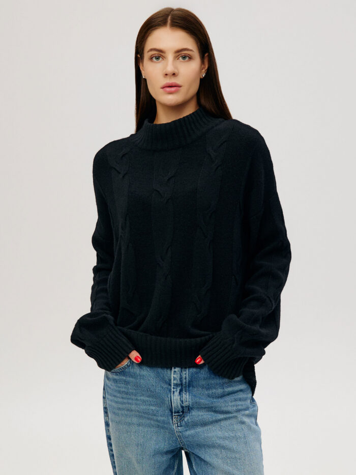 JUMPER BLACK women's elongated high neck cable knit 4135