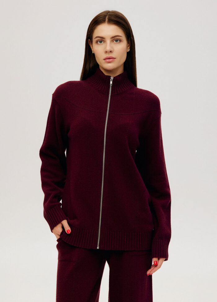 CARDIGAN BURGUNDY zipper jacket lamb's wool 6031