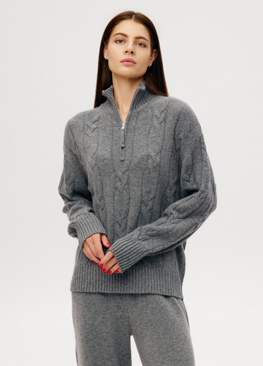JUMPER GREY knit women's with cable pattern and high collar with zipper 6050-Collections_Fall-Winter_1