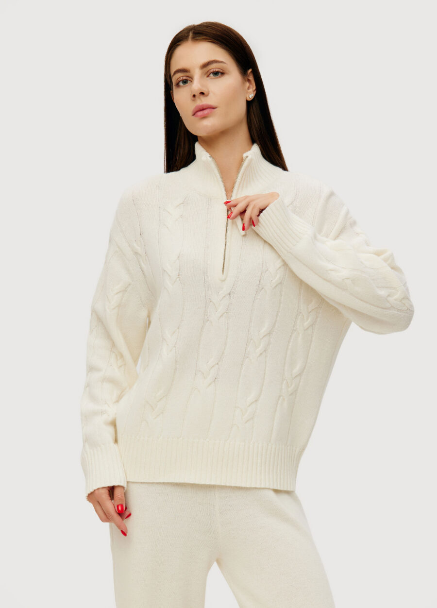 JUMPER MILK knit women's with cable pattern and high collar with zipper 6050-Collections_Fall-Winter_3