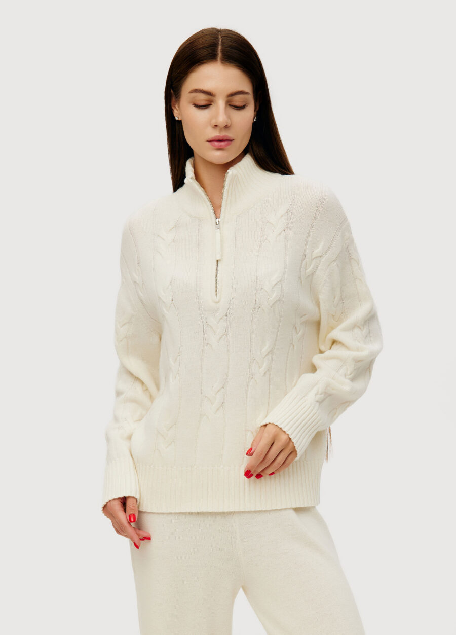 JUMPER MILK knit women's with cable pattern and high collar with zipper 6050-Collections_Fall-Winter_1